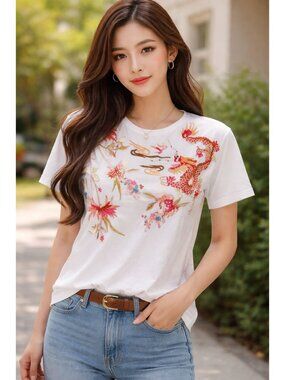 Johnny Was "Mina" relaxed crew neck t-shirt featuring vibrant dragon and floral